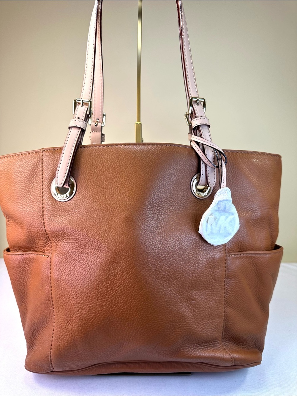 MICHAEL Michael Kors Brown Leather Tote with Light Pink Straps